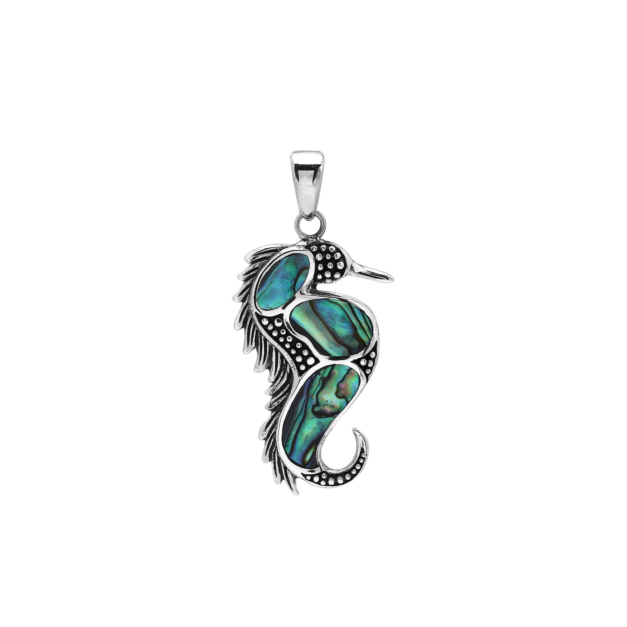 Sterling silver seahorse pendant with natural abalone shell, handcrafted in Bali – elegant ocean-inspired jewelry for everyday wear