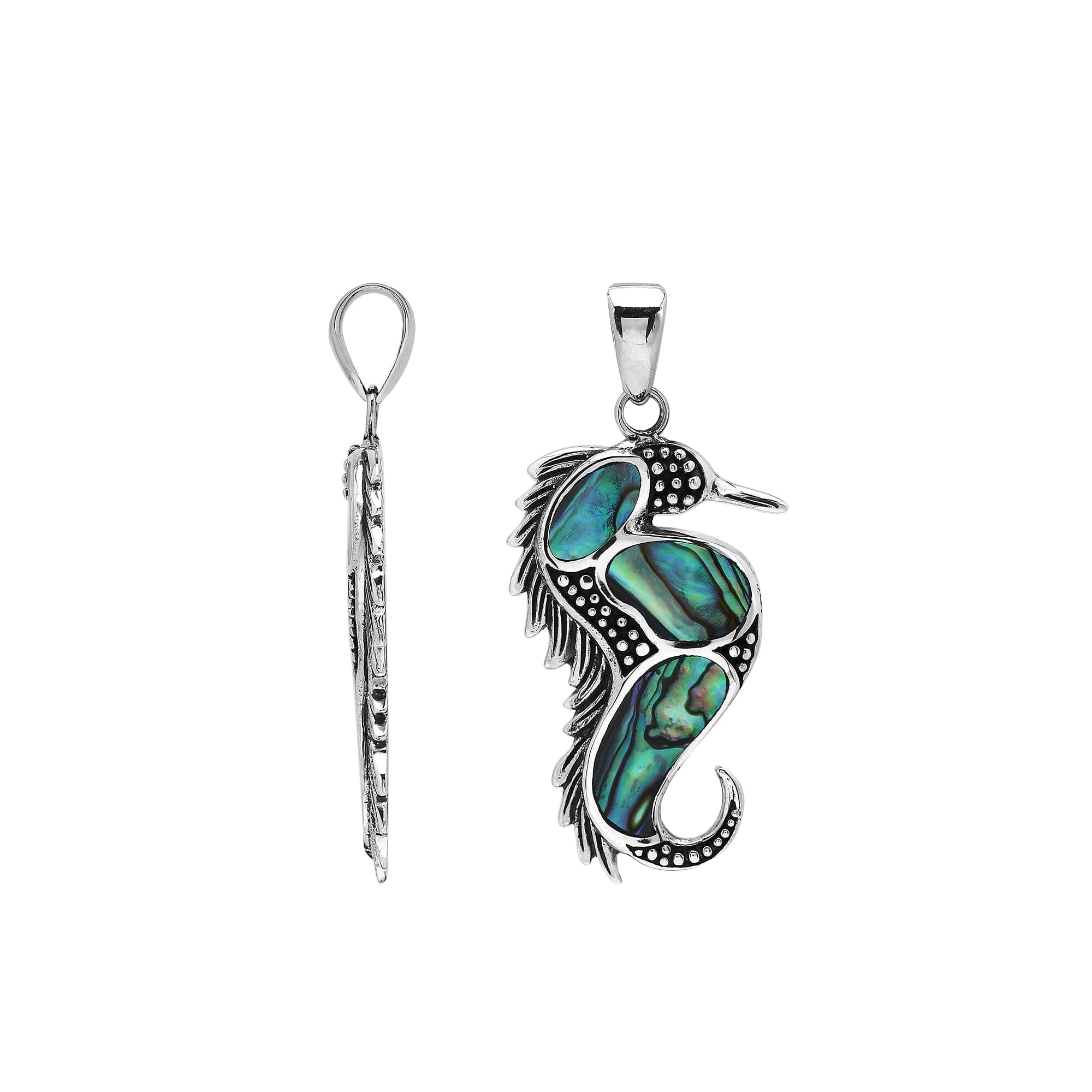 Sterling silver seahorse pendant with natural abalone shell, handcrafted in Bali – elegant ocean-inspired jewelry for everyday wear