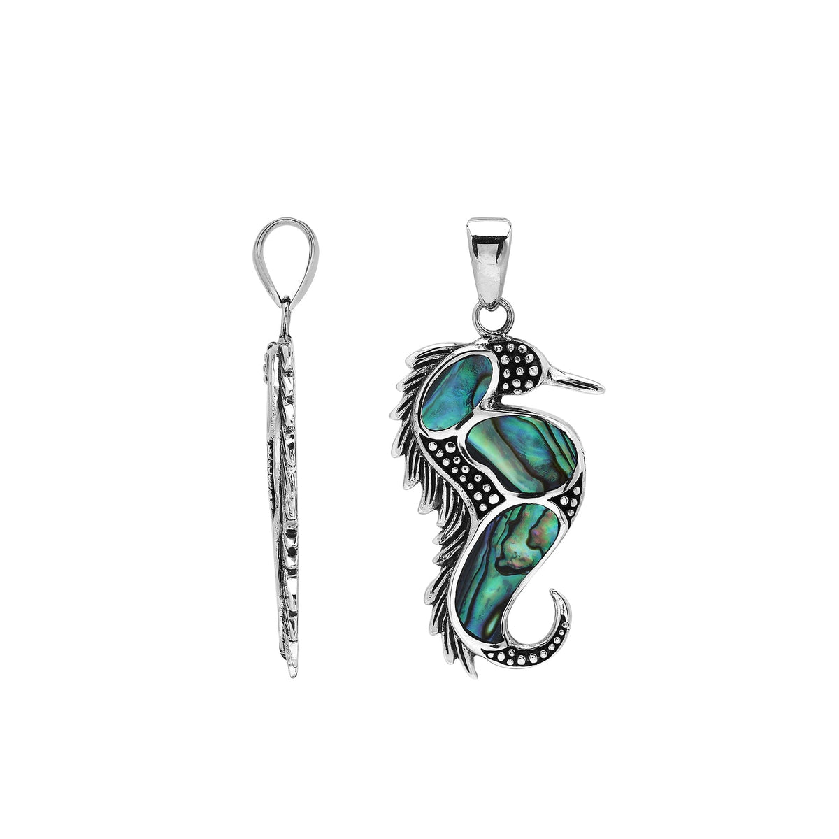 Sterling silver seahorse pendant with natural abalone shell, handcrafted in Bali – elegant ocean-inspired jewelry for everyday wear