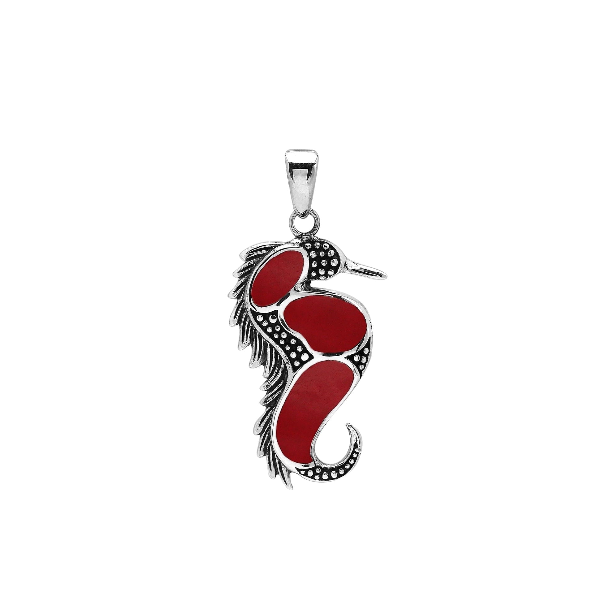 Sterling silver seahorse pendant with genuine red coral inlay, handcrafted in Bali – elegant ocean-inspired jewelry for everyday wear or gifting.