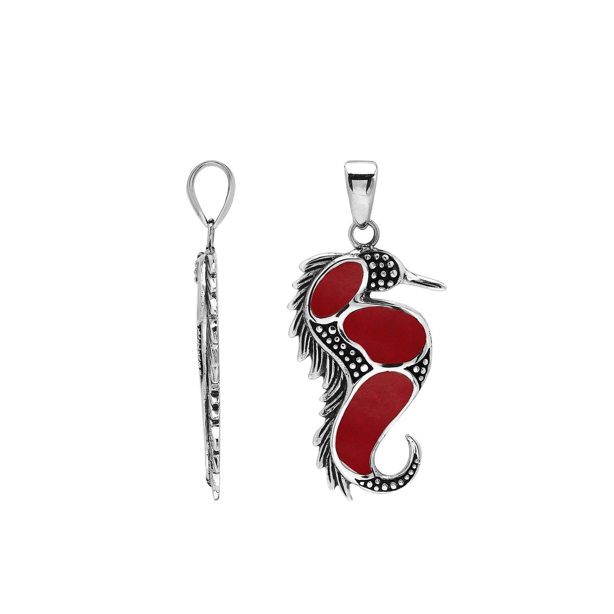 Sterling silver seahorse pendant with genuine red coral inlay, handcrafted in Bali – elegant ocean-inspired jewelry for everyday wear or gifting.