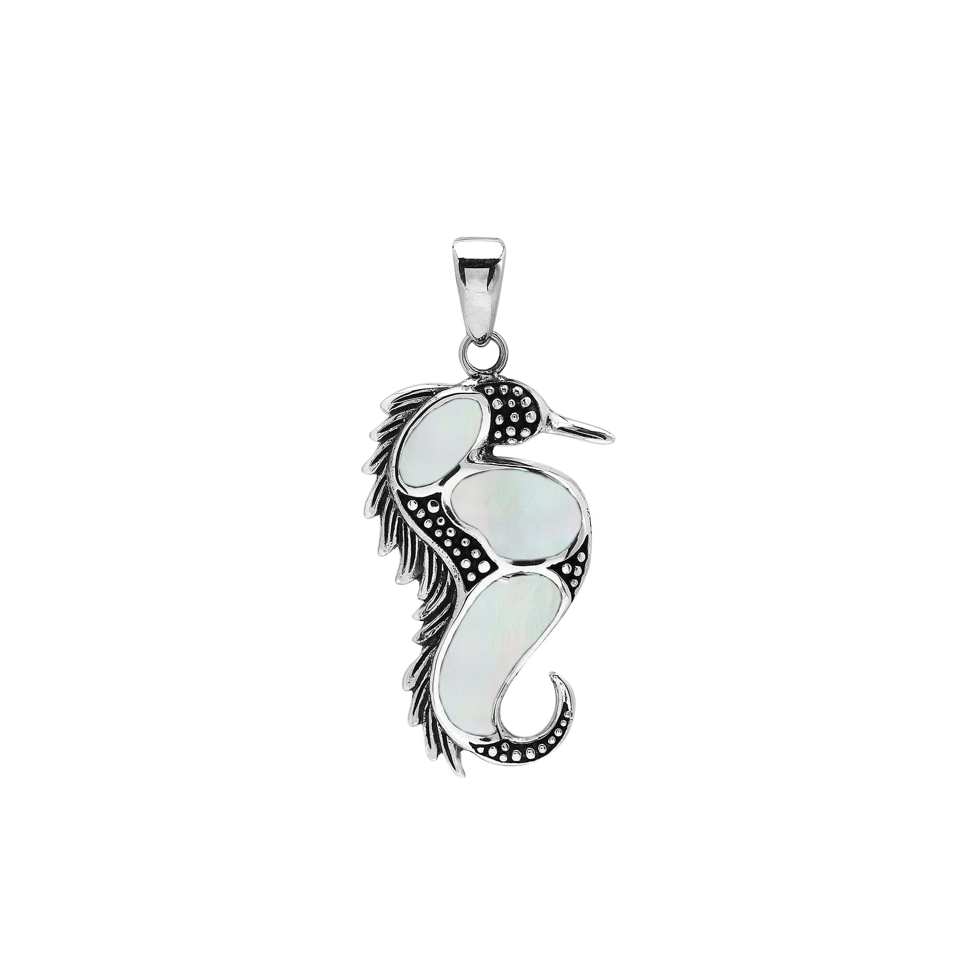 Sterling silver seahorse pendant with genuine mother of pearl inlay, handcrafted in Bali – elegant ocean-inspired jewelry for everyday wear or gifting.