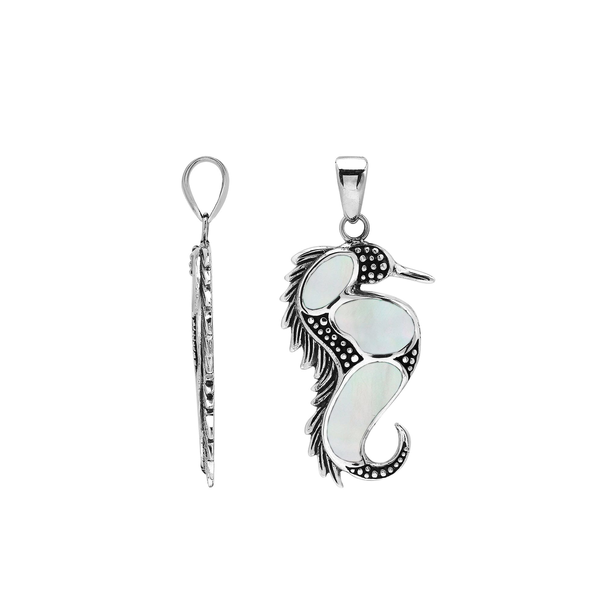 Sterling silver seahorse pendant with genuine mother of pearl inlay, handcrafted in Bali – elegant ocean-inspired jewelry for everyday wear or gifting.