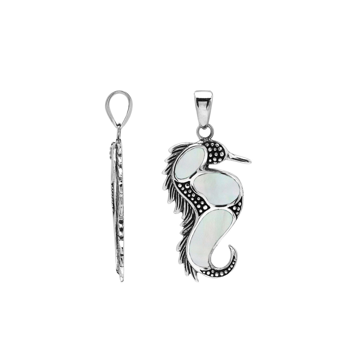 Sterling silver seahorse pendant with genuine mother of pearl inlay, handcrafted in Bali – elegant ocean-inspired jewelry for everyday wear or gifting.