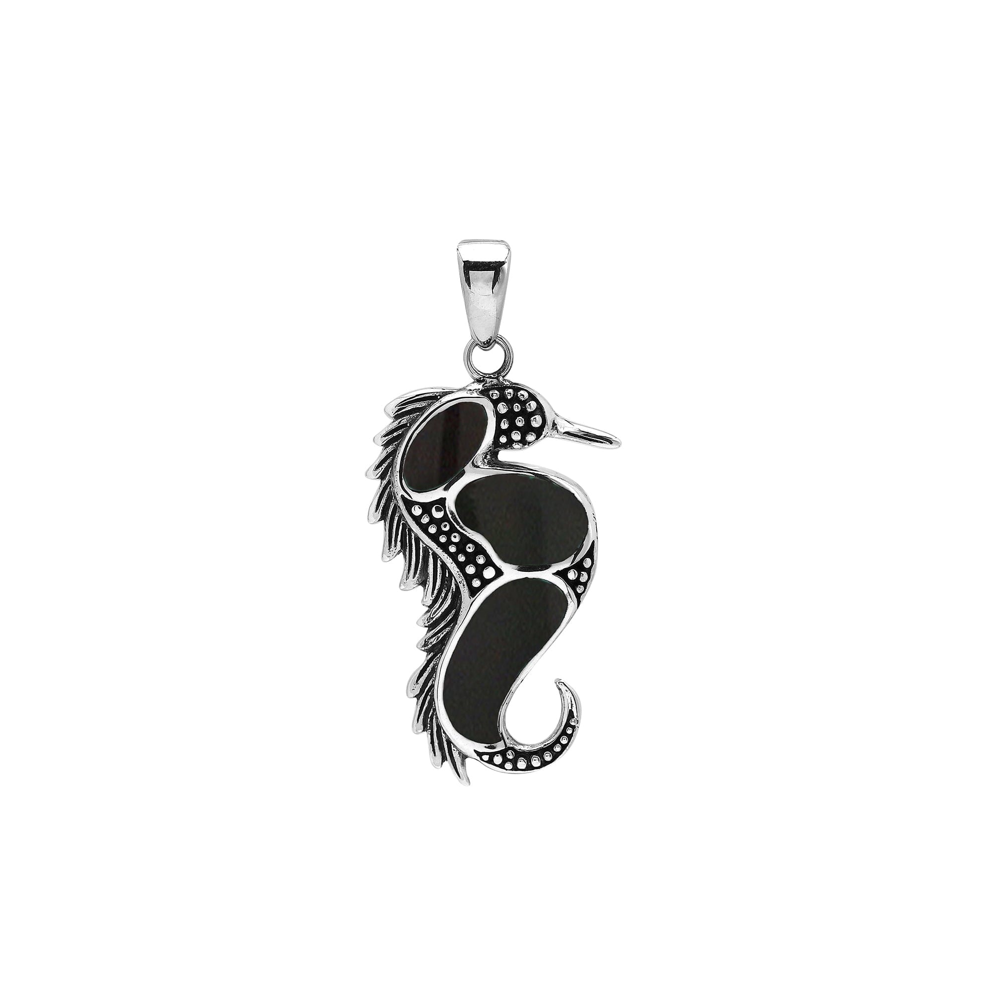 Sterling silver seahorse pendant with black shell inlay, handcrafted Bali jewelry inspired by the ocean.