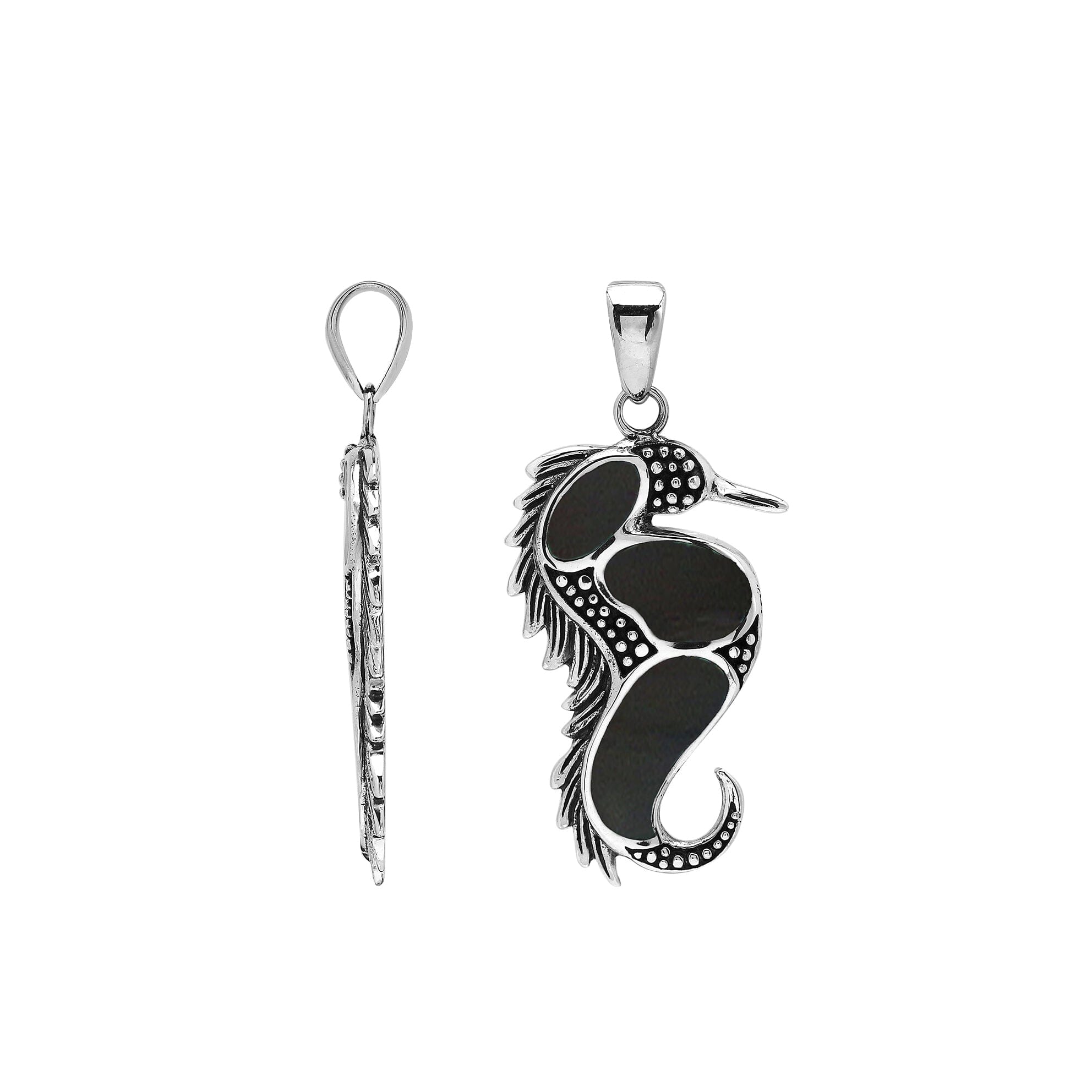 Sterling silver seahorse pendant with black shell inlay, handcrafted Bali jewelry inspired by the ocean.
