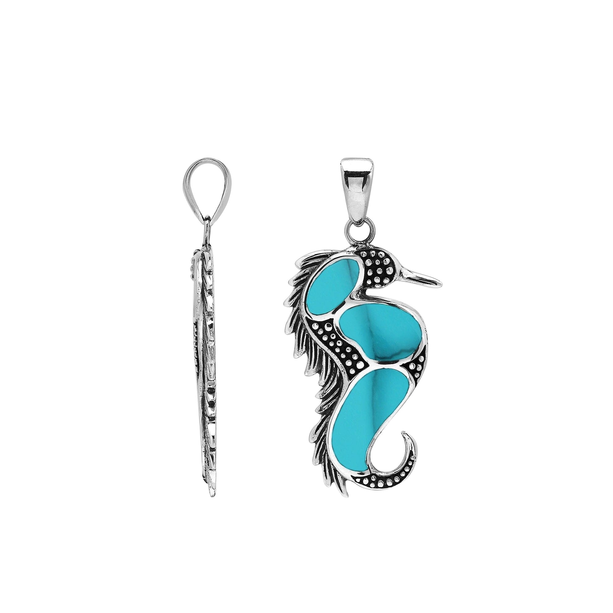 Sterling silver seahorse pendant with turquoise inlay, handcrafted Bali jewelry inspired by the ocean.
