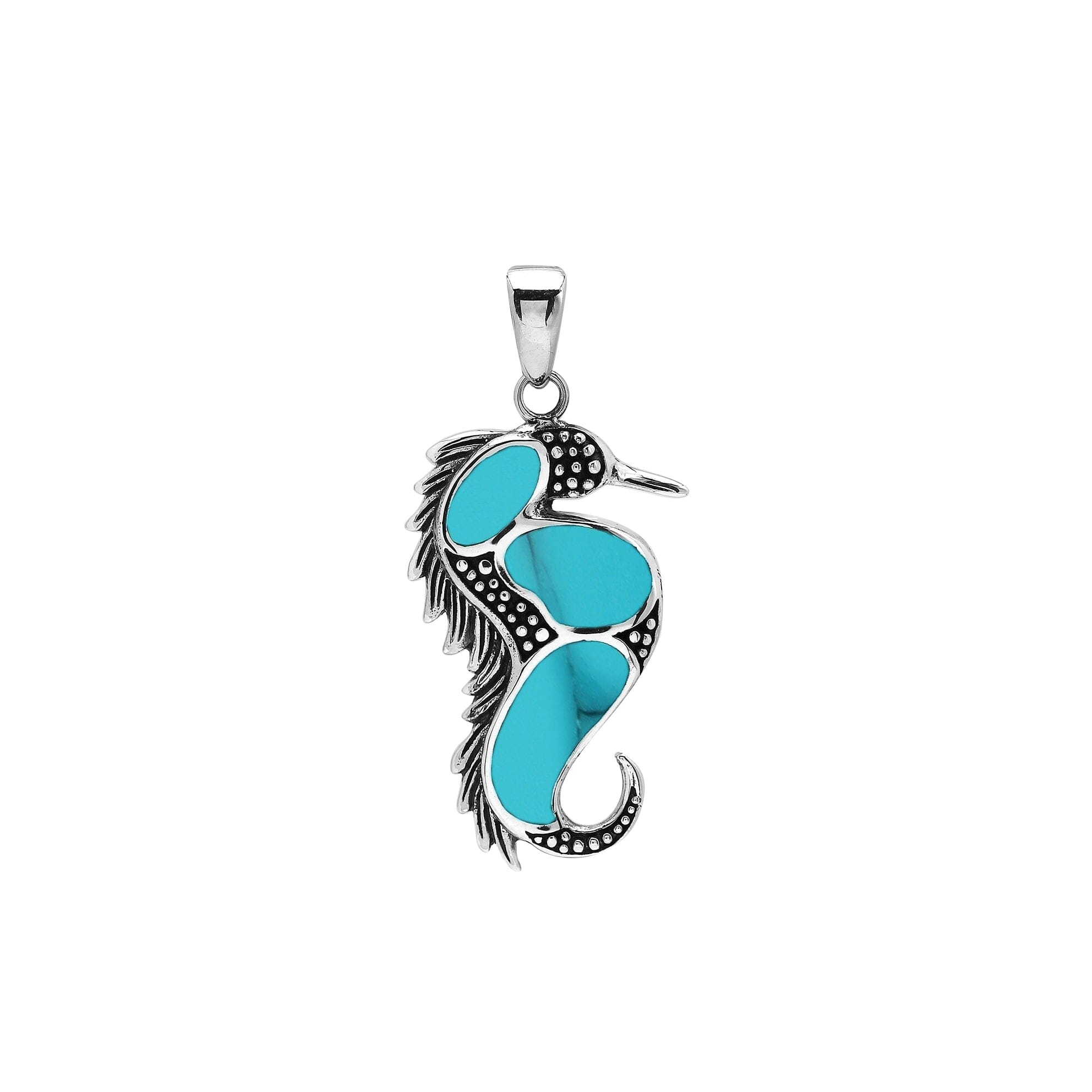 Sterling silver seahorse pendant with turquoise inlay, handcrafted Bali jewelry inspired by the ocean.