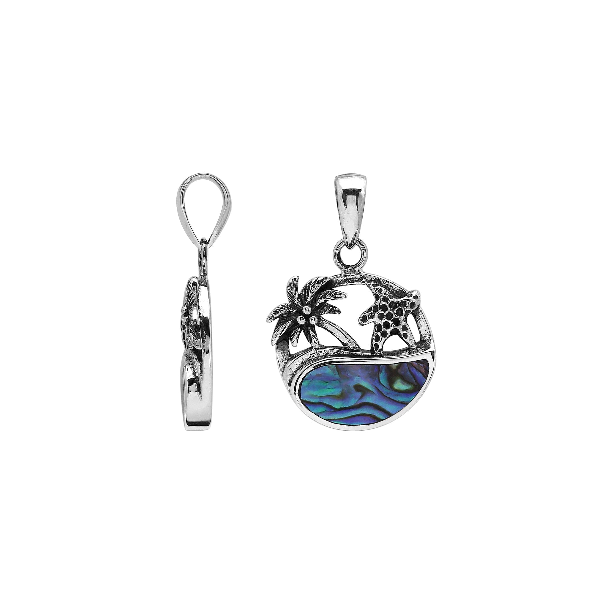 Sterling silver tropical pendant with palm tree and starfish design, abalone shell inlay, handcrafted Bali jewelry