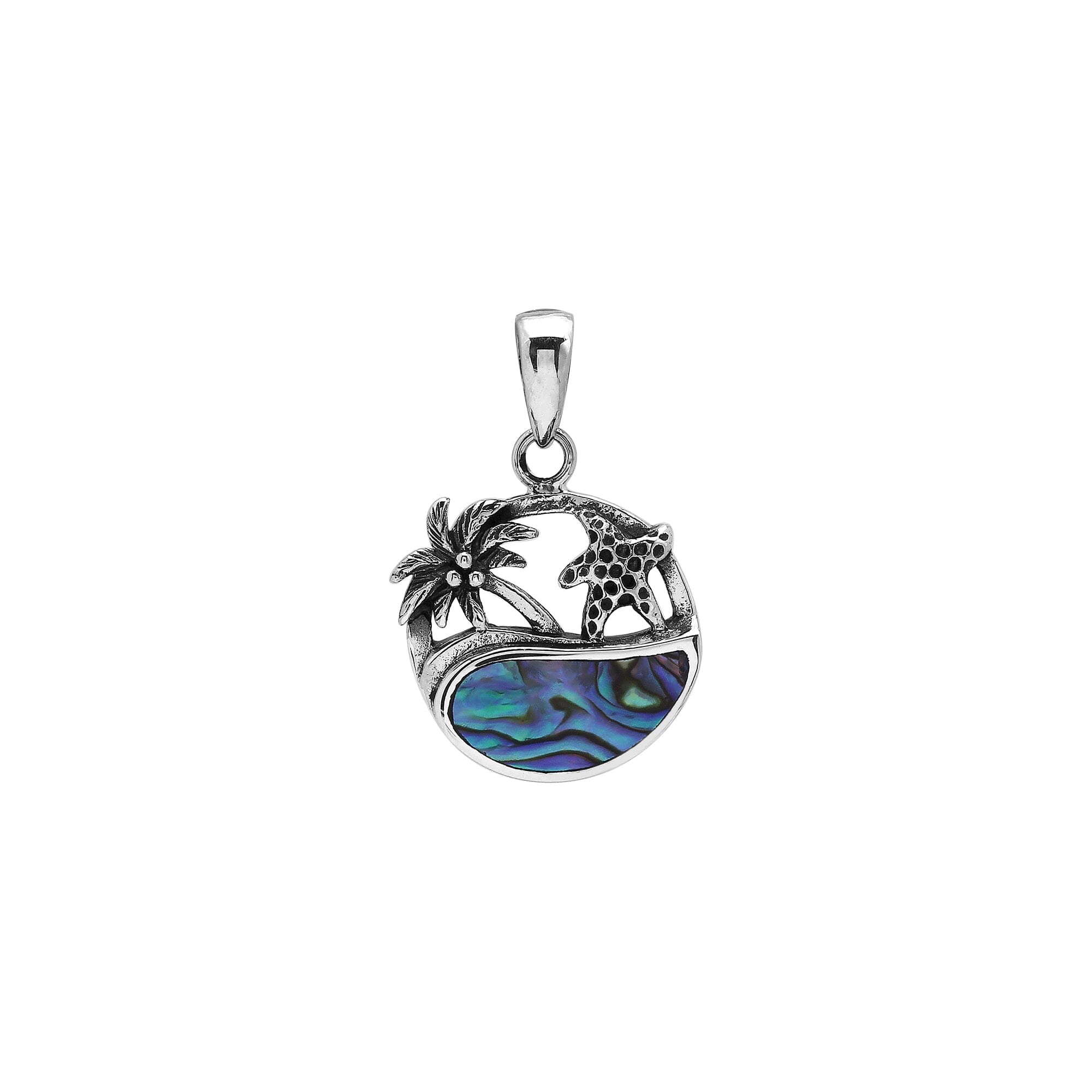 Sterling silver tropical pendant with palm tree and starfish design, abalone shell inlay, handcrafted Bali jewelry