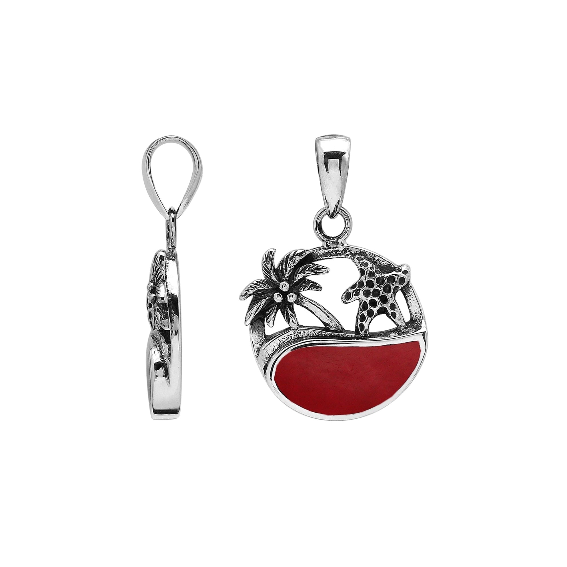 Red coral sterling silver pendant with palm tree and starfish – beach inspired handcrafted Bali jewelry.