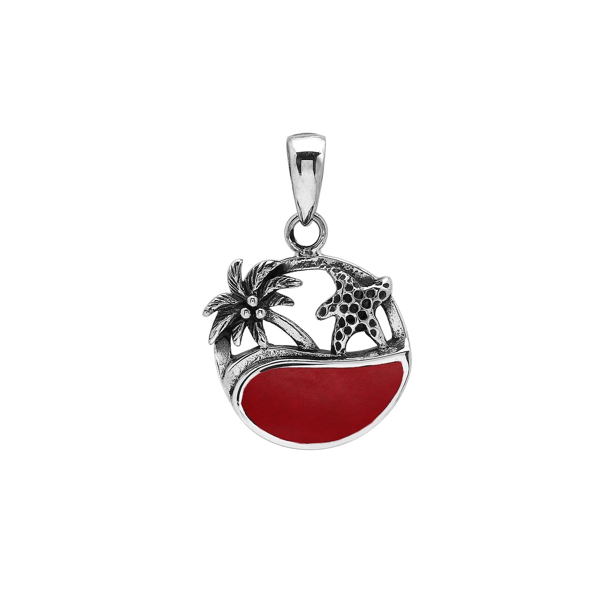 Red coral sterling silver pendant with palm tree and starfish – beach inspired handcrafted Bali jewelry.
