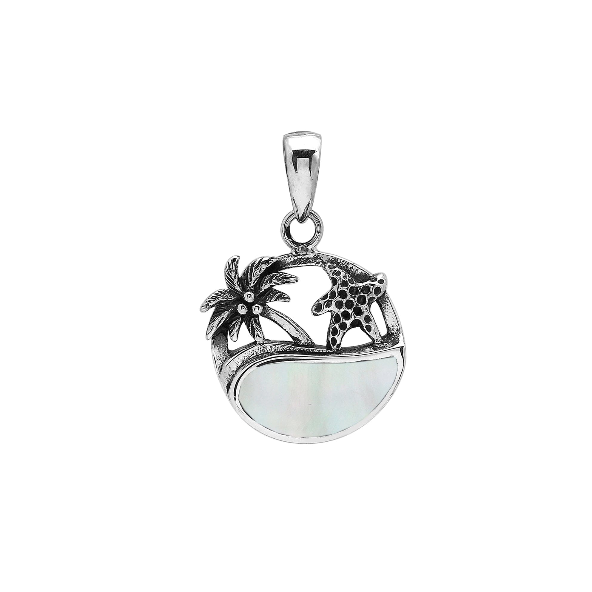 Mother of Pearl sterling silver pendant with palm tree and starfish – tropical handcrafted Bali jewelry.