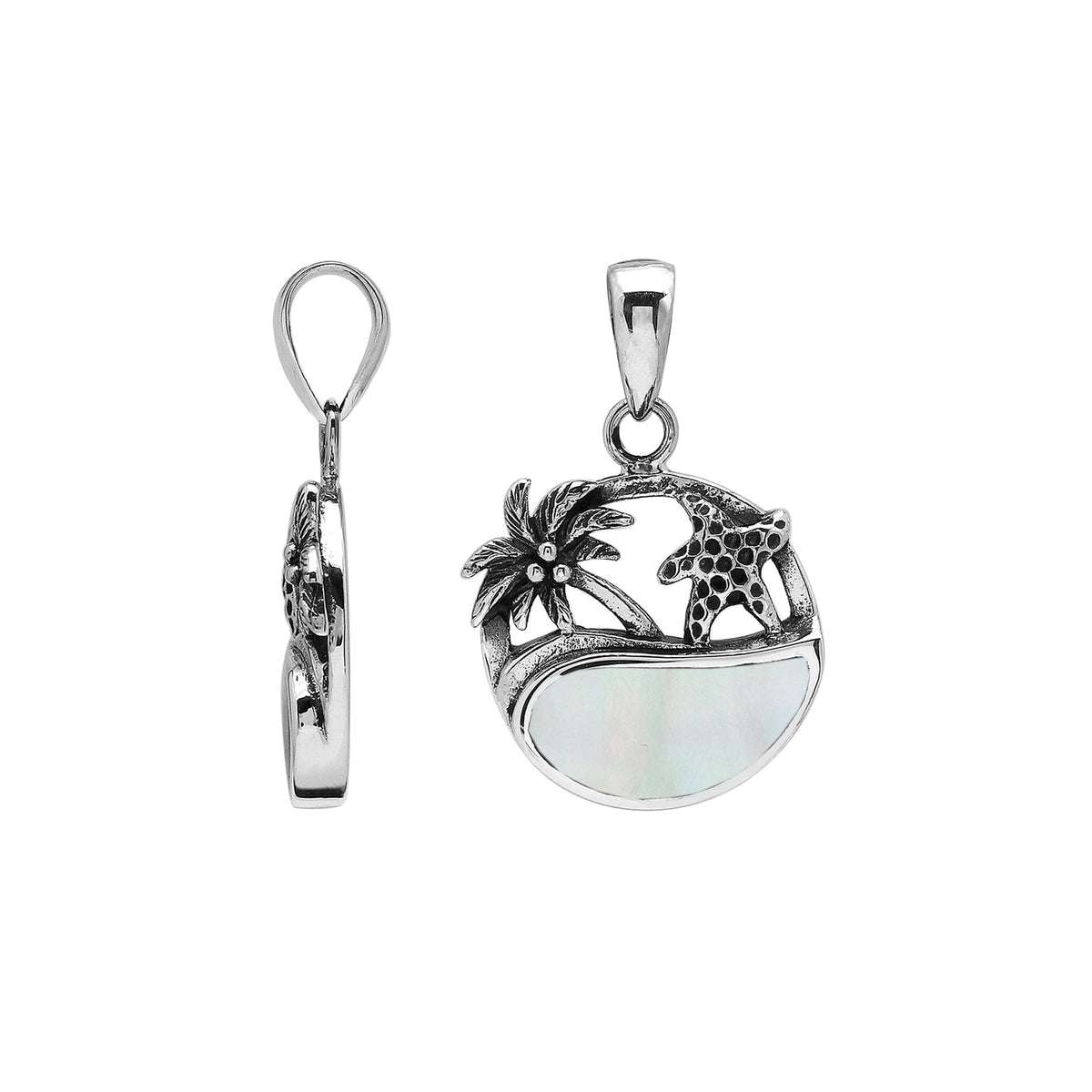 Mother of pearl sterling silver pendant with palm tree and starfish – tropical handcrafted Bali jewelry.