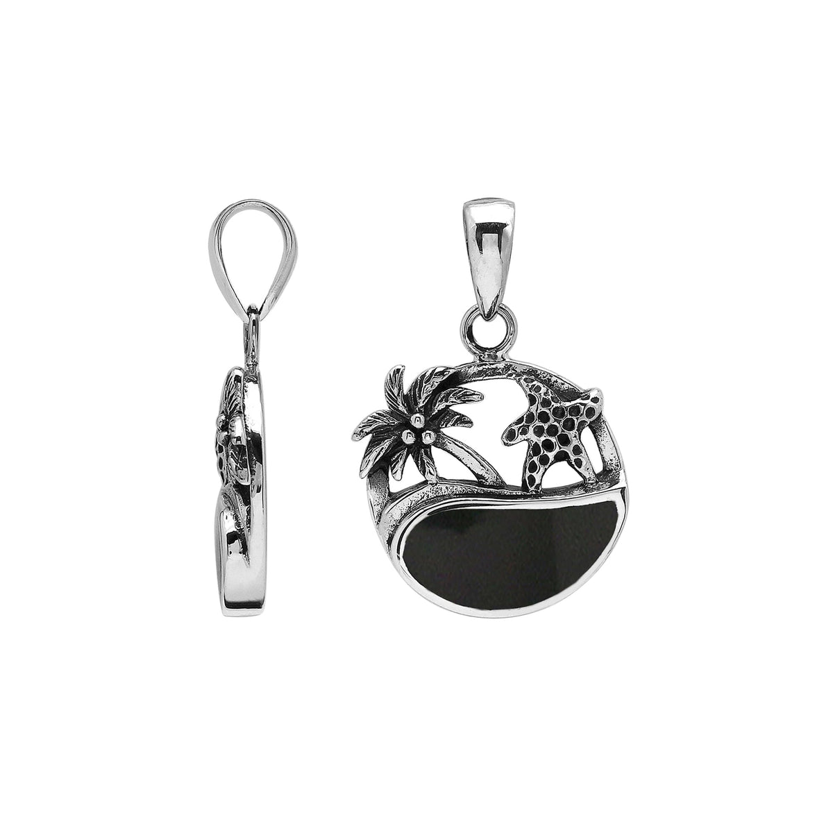 Black shell sterling silver pendant with palm tree and starfish – tropical handcrafted Bali jewelry.