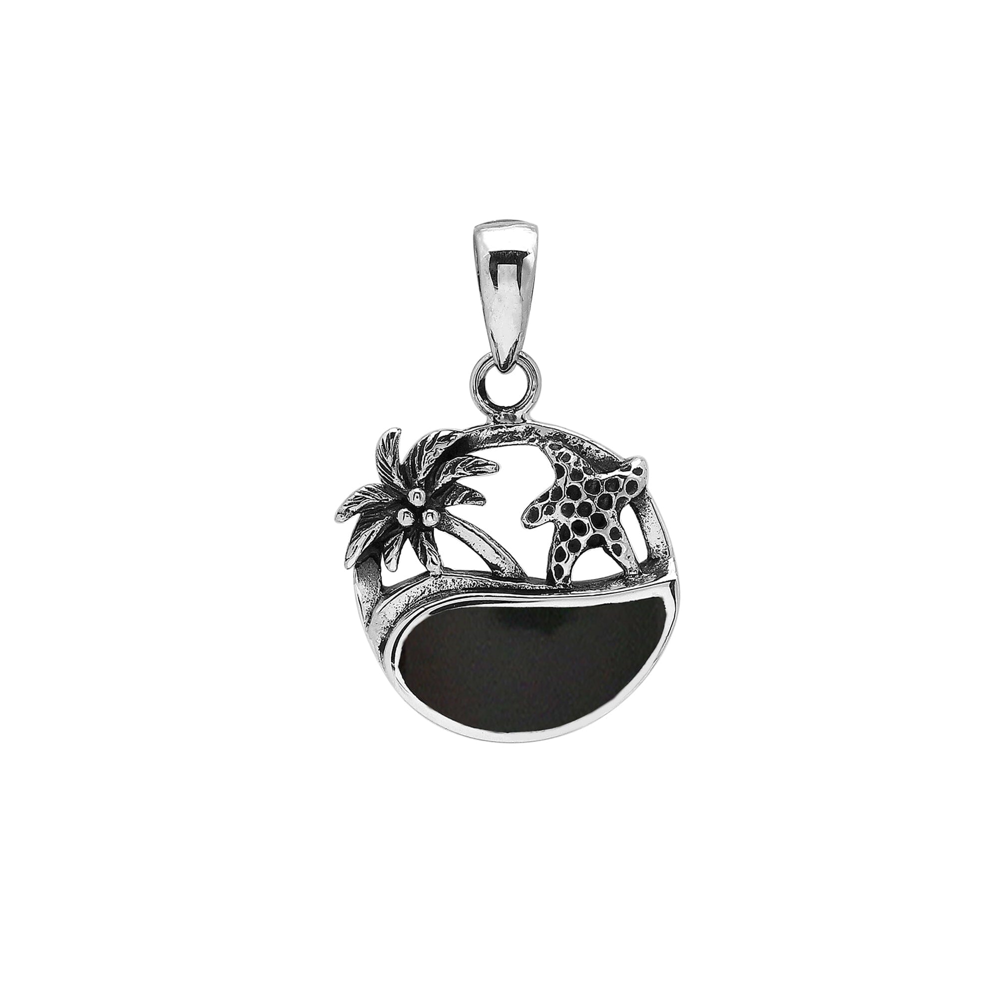 Black shell sterling silver pendant with palm tree and starfish – tropical handcrafted Bali jewelry.