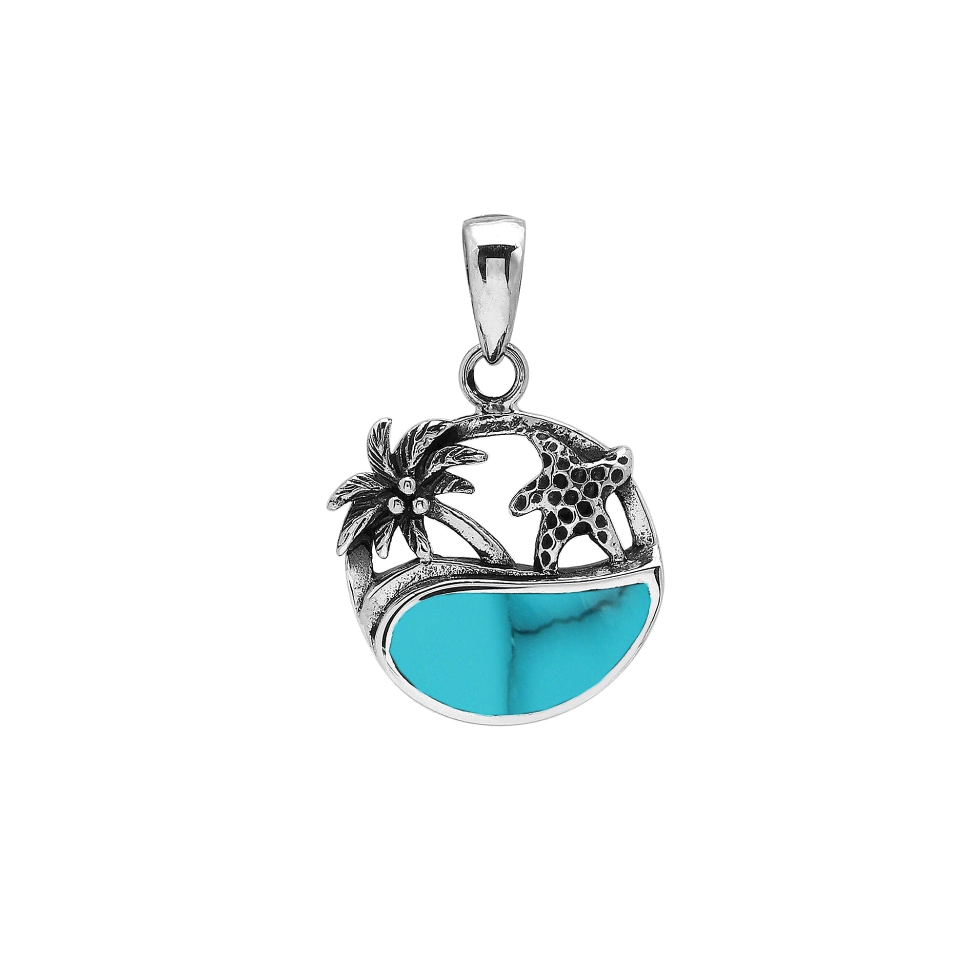 Turquoise shell sterling silver pendant with palm tree and starfish – tropical handcrafted Bali jewelry.