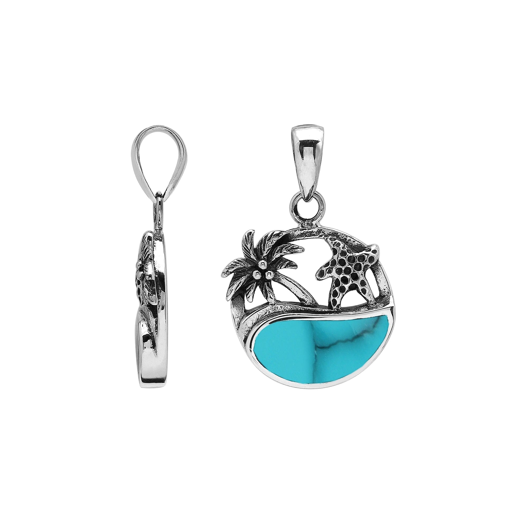 Turquoise shell sterling silver pendant with palm tree and starfish – tropical handcrafted Bali jewelry.