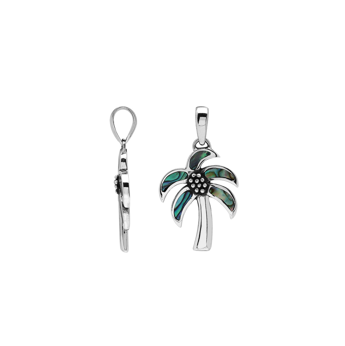 Tropical palm tree pendant in sterling silver with abalone shell, handmade in Bali.