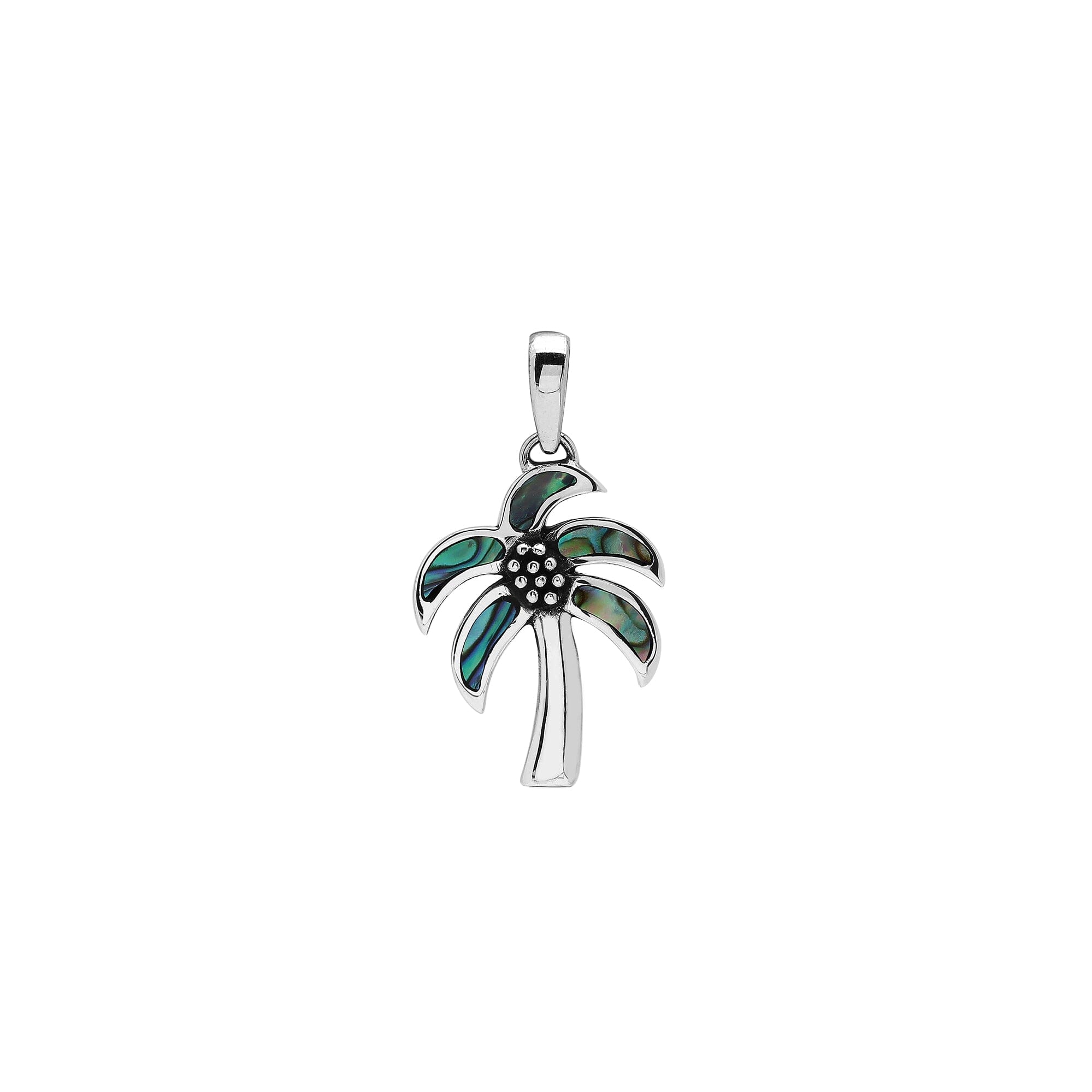 Tropical palm tree pendant in sterling silver with abalone shell, handmade in Bali.