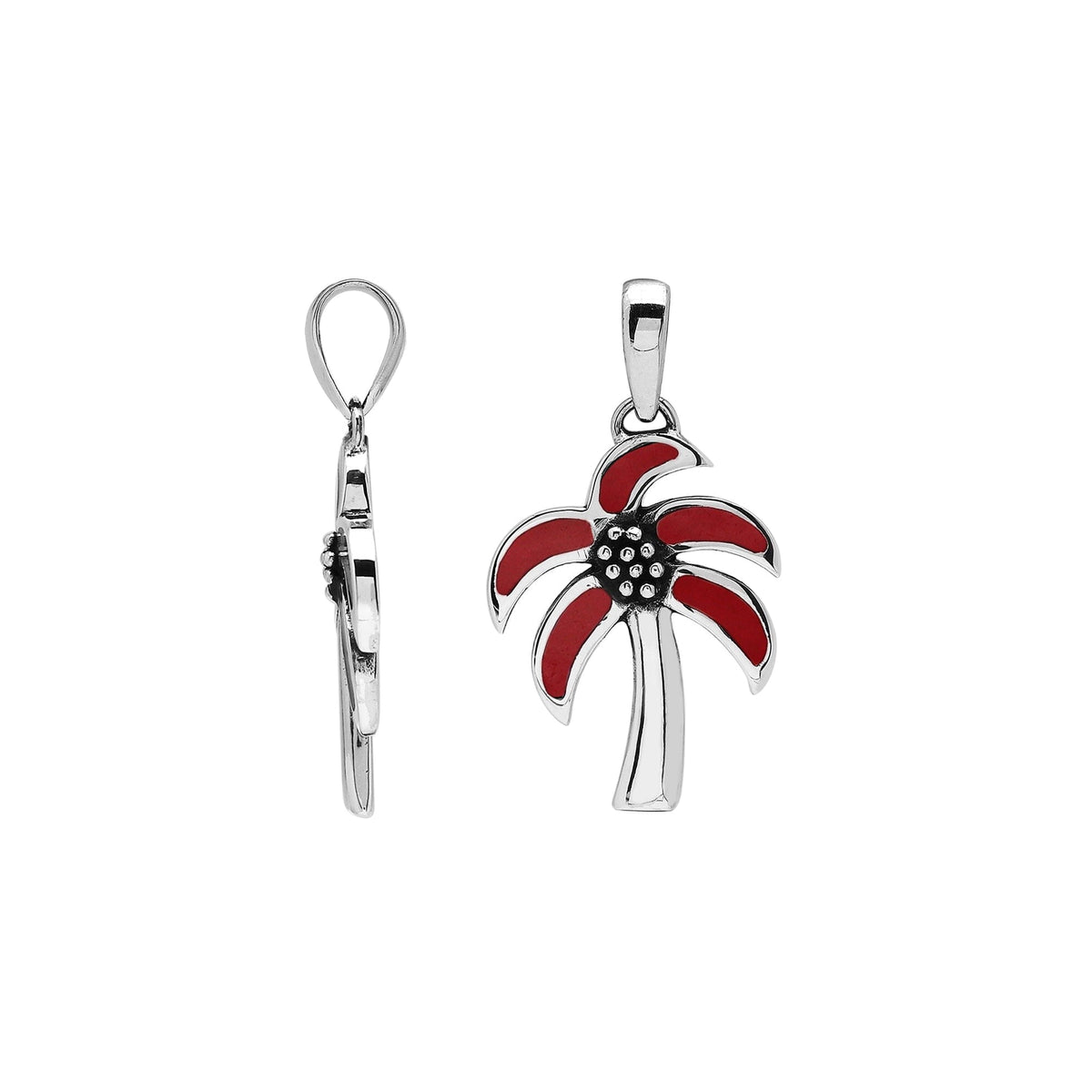 Tropical palm tree pendant in sterling silver with red coral inlay, artisan-crafted for casual beach jewelry style.