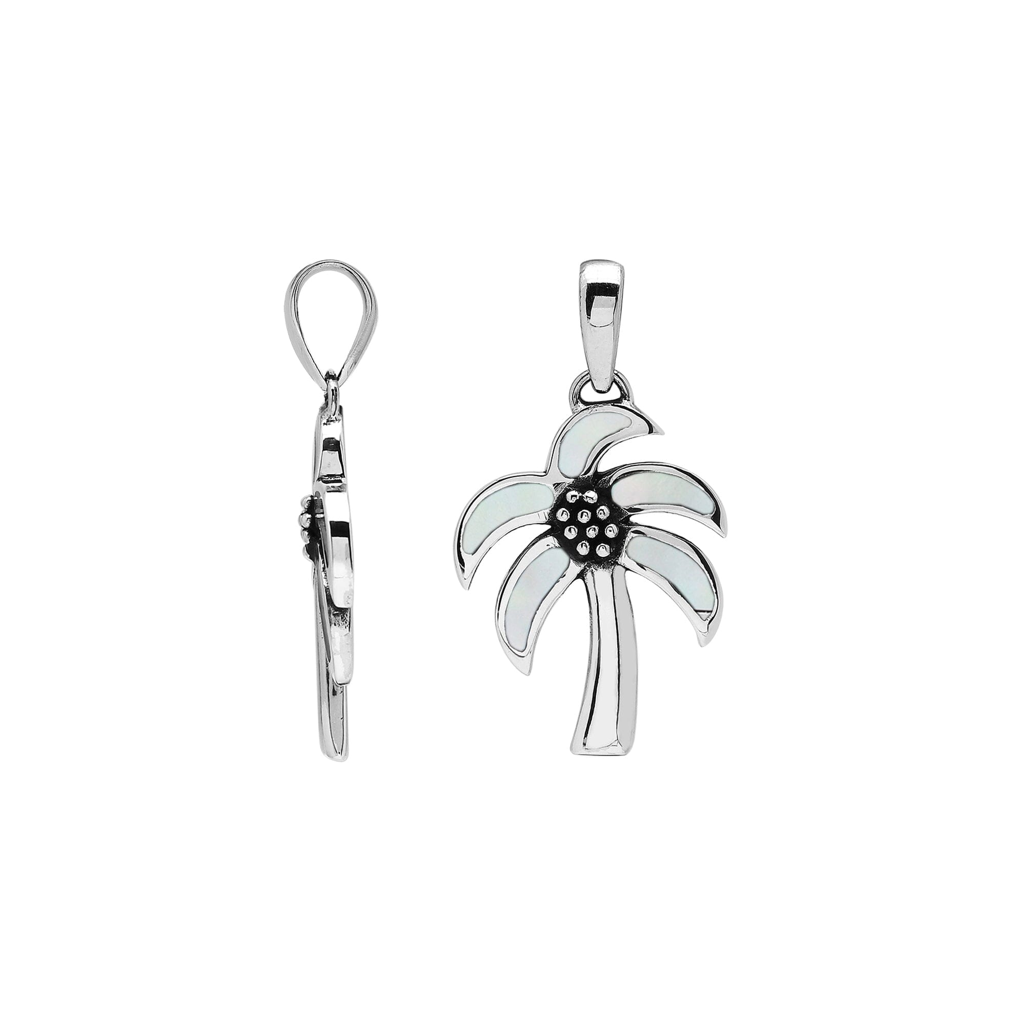 Tropical palm tree pendant in sterling silver with luminous Mother of Pearl inlay, artisan-crafted for beach-inspired style.