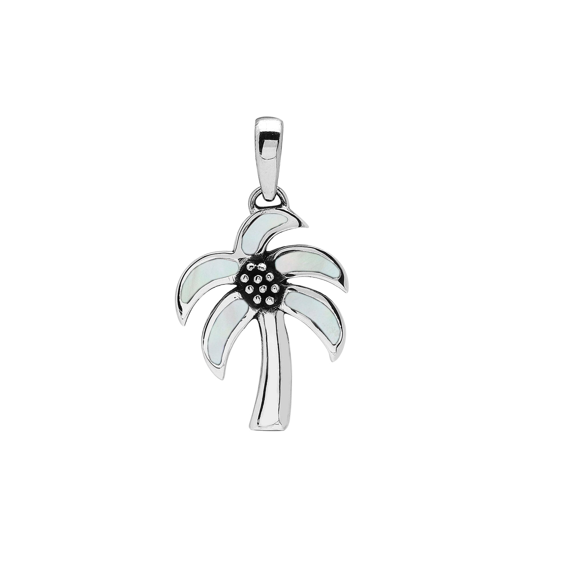 Tropical palm tree pendant in sterling silver with luminous Mother of Pearl inlay, artisan-crafted for beach-inspired style.