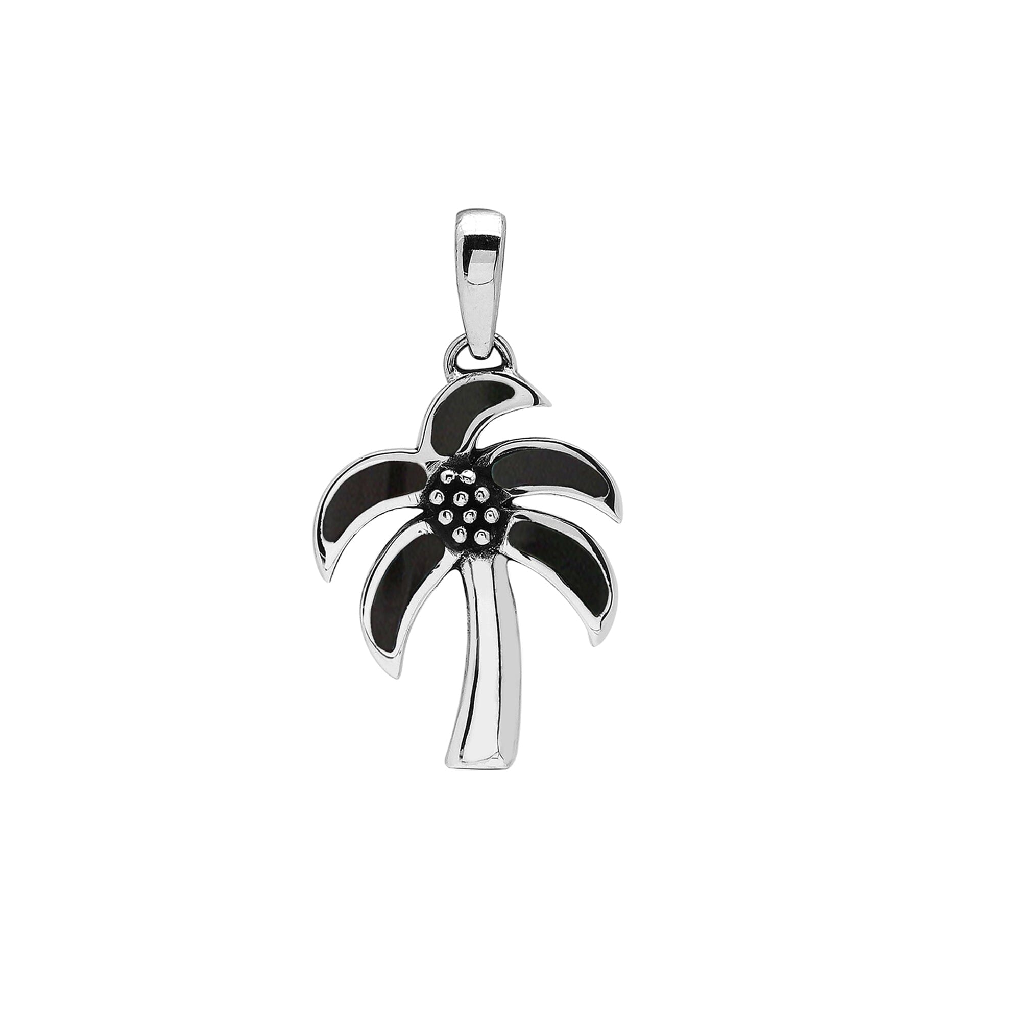 Tropical palm tree pendant in sterling silver with glossy black shell inlay, artisan-crafted for beach-inspired modern style.