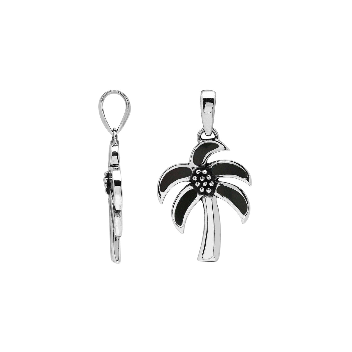 Tropical palm tree pendant in sterling silver with glossy black shell inlay, artisan-crafted for beach-inspired modern style.