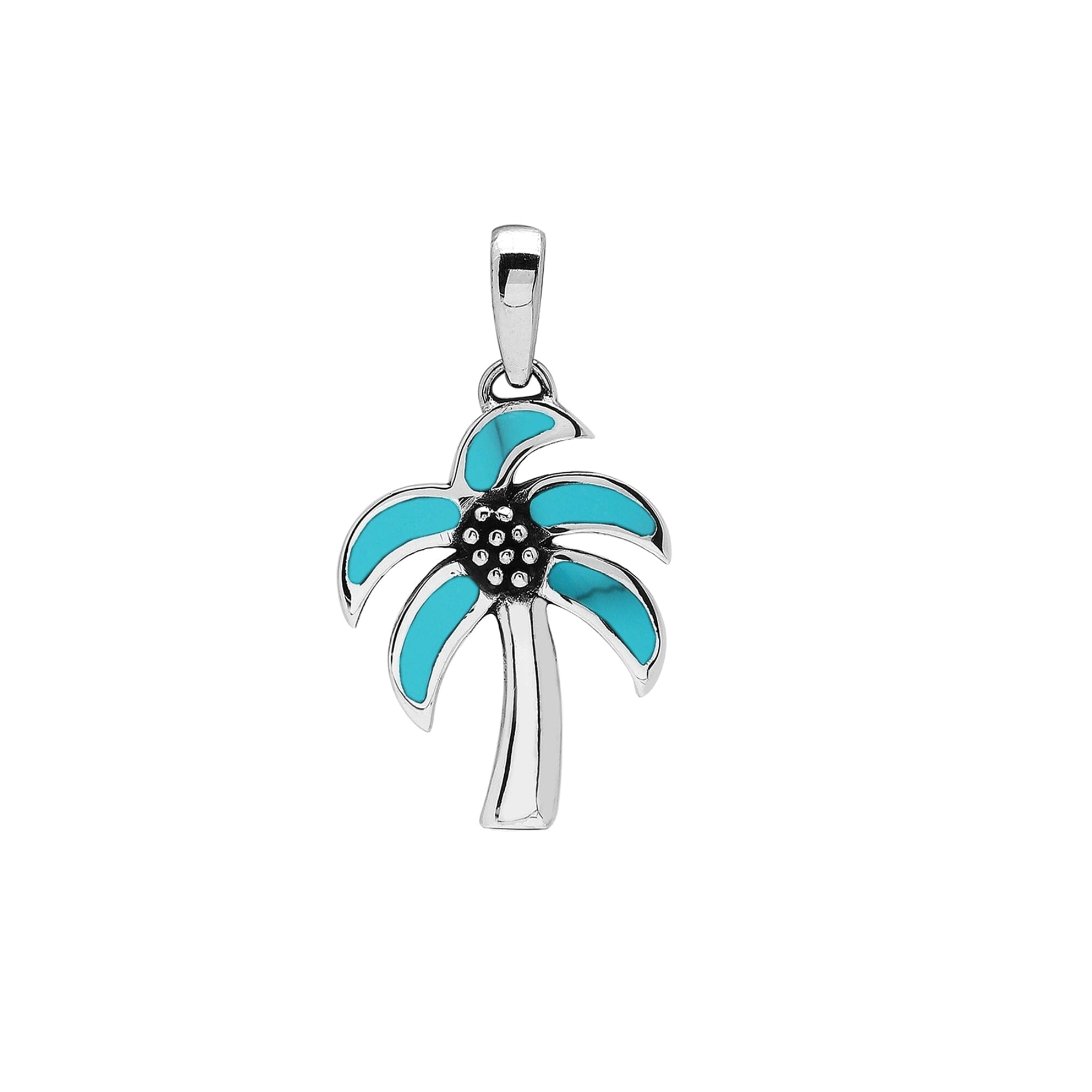 Tropical palm tree pendant in sterling silver with turquoise inlay, artisan-crafted for bright, beach-inspired style.
