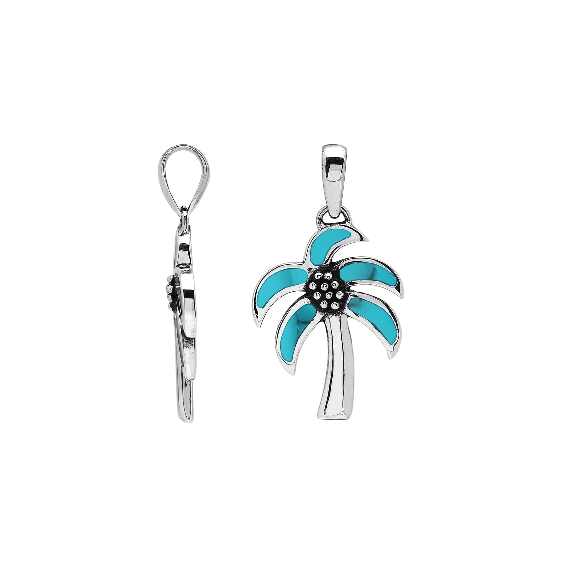 Tropical palm tree pendant in sterling silver with turquoise inlay, artisan-crafted for bright, beach-inspired style.