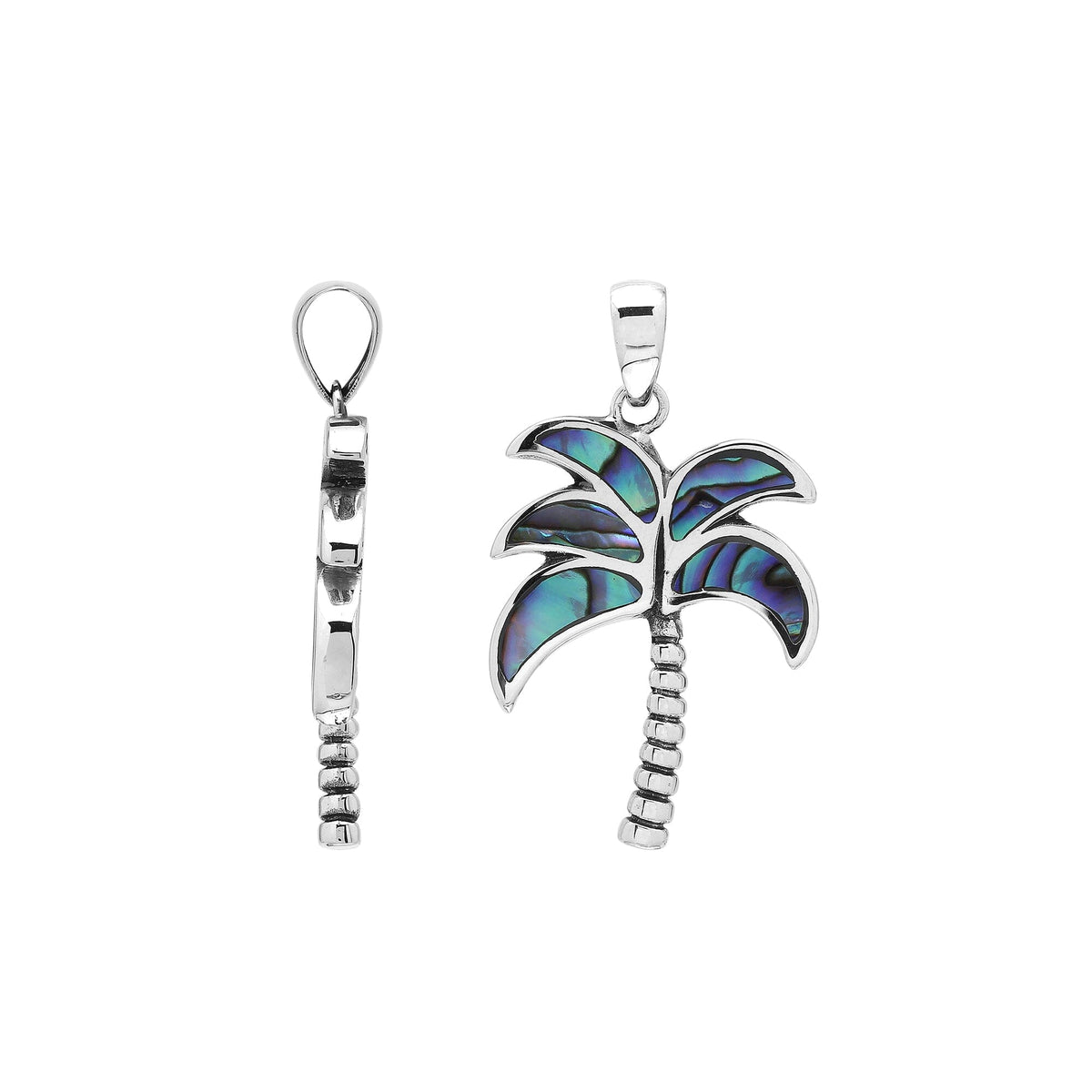 Tropical palm tree pendant in sterling silver with abalone shell inlay, artisan-crafted for exotic island-inspired style.
