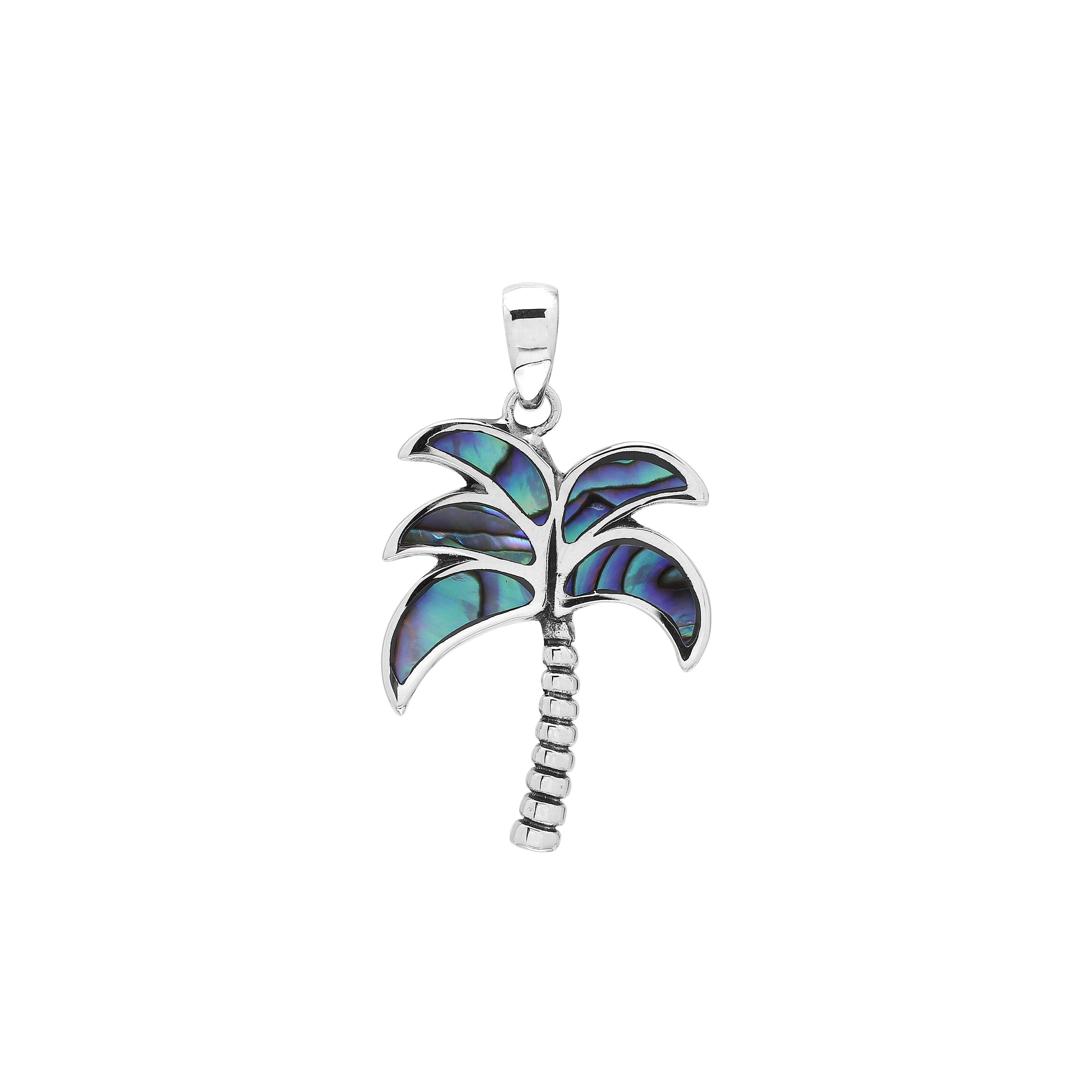 Tropical palm tree pendant in sterling silver with abalone shell inlay, artisan-crafted for exotic island-inspired style.