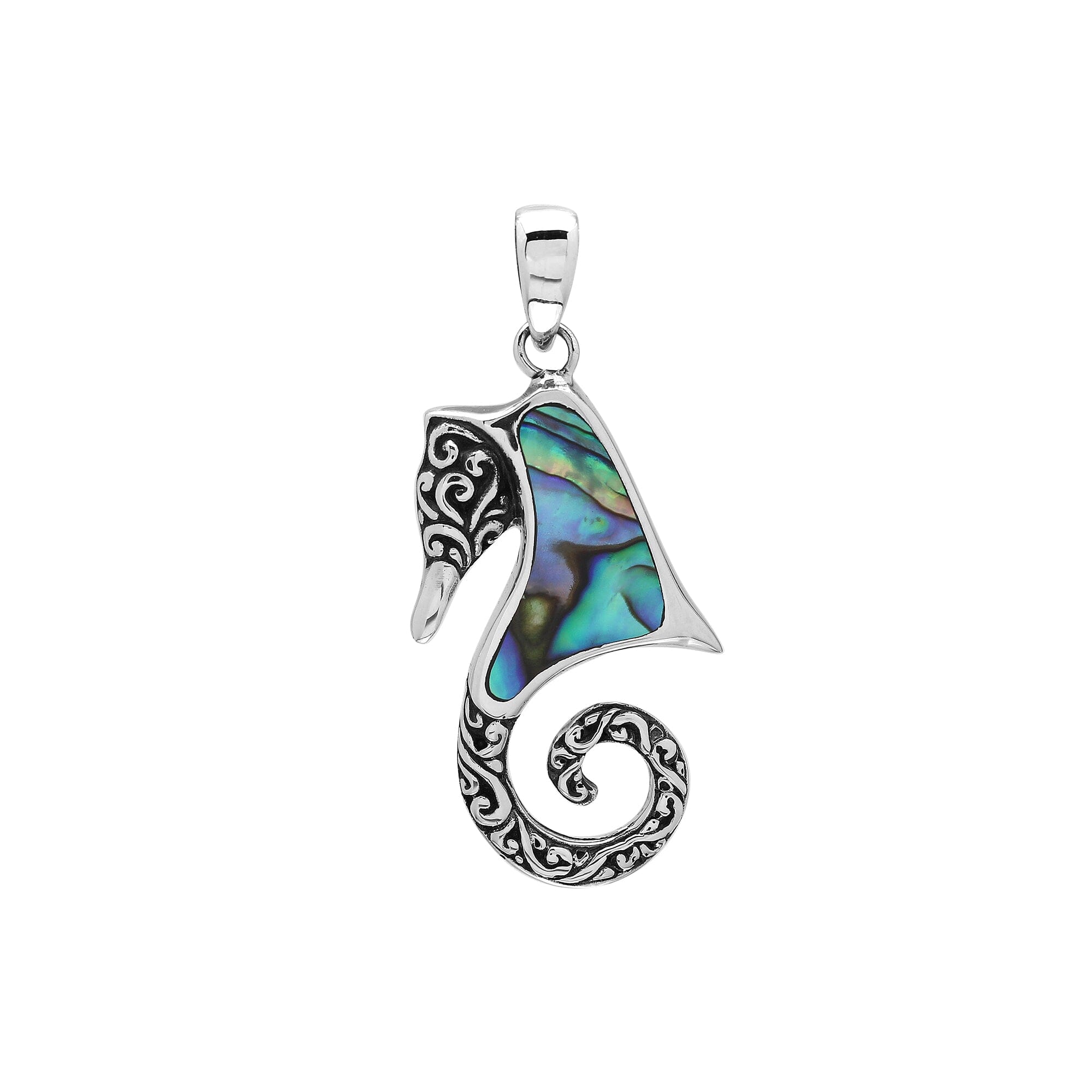 Ocean-inspired sterling silver seahorse pendant with abalone shell inlay, artisan-crafted for tropical marine jewelry style.