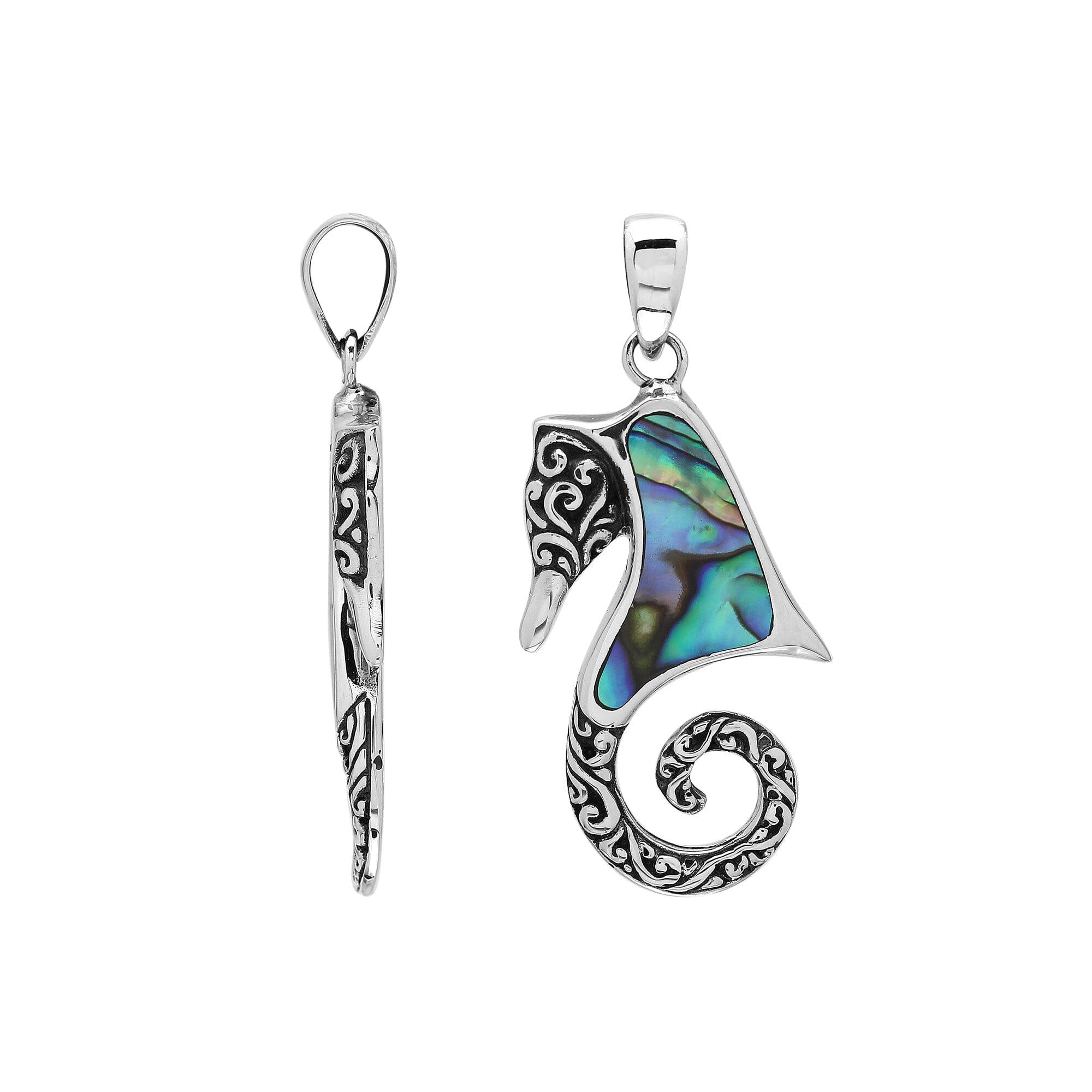 Ocean-inspired sterling silver seahorse pendant with abalone shell inlay, artisan-crafted for tropical marine jewelry style.
