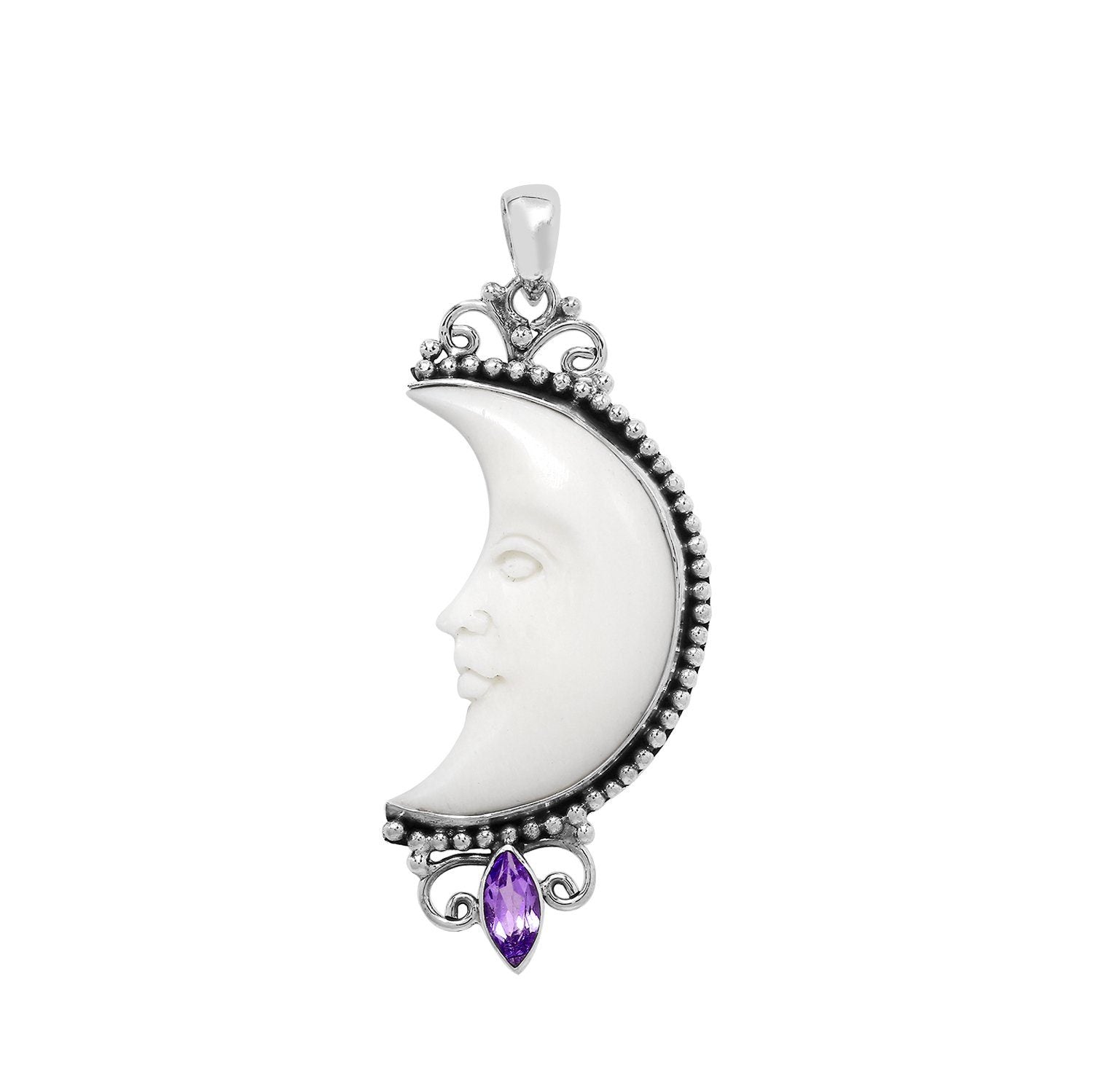 AP-1185-AM Sterling Silver Half Moon Shape Pendant With Bone Face and Amethyst Jewelry Bali Designs Inc 