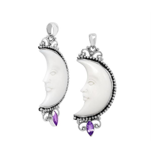 AP-1185-AM Sterling Silver Half Moon Shape Pendant With Bone Face and Amethyst Jewelry Bali Designs Inc 