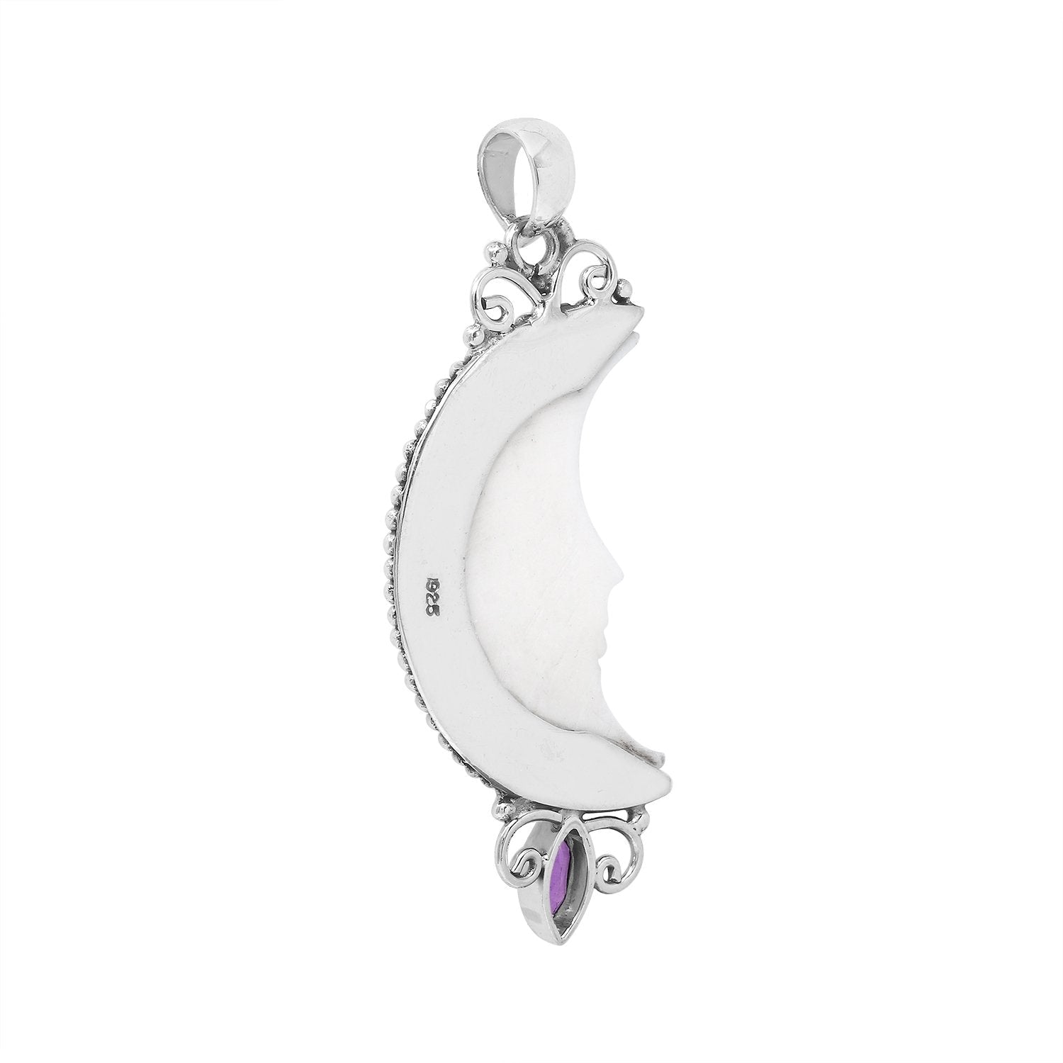 AP-1185-AM Sterling Silver Half Moon Shape Pendant With Bone Face and Amethyst Jewelry Bali Designs Inc 