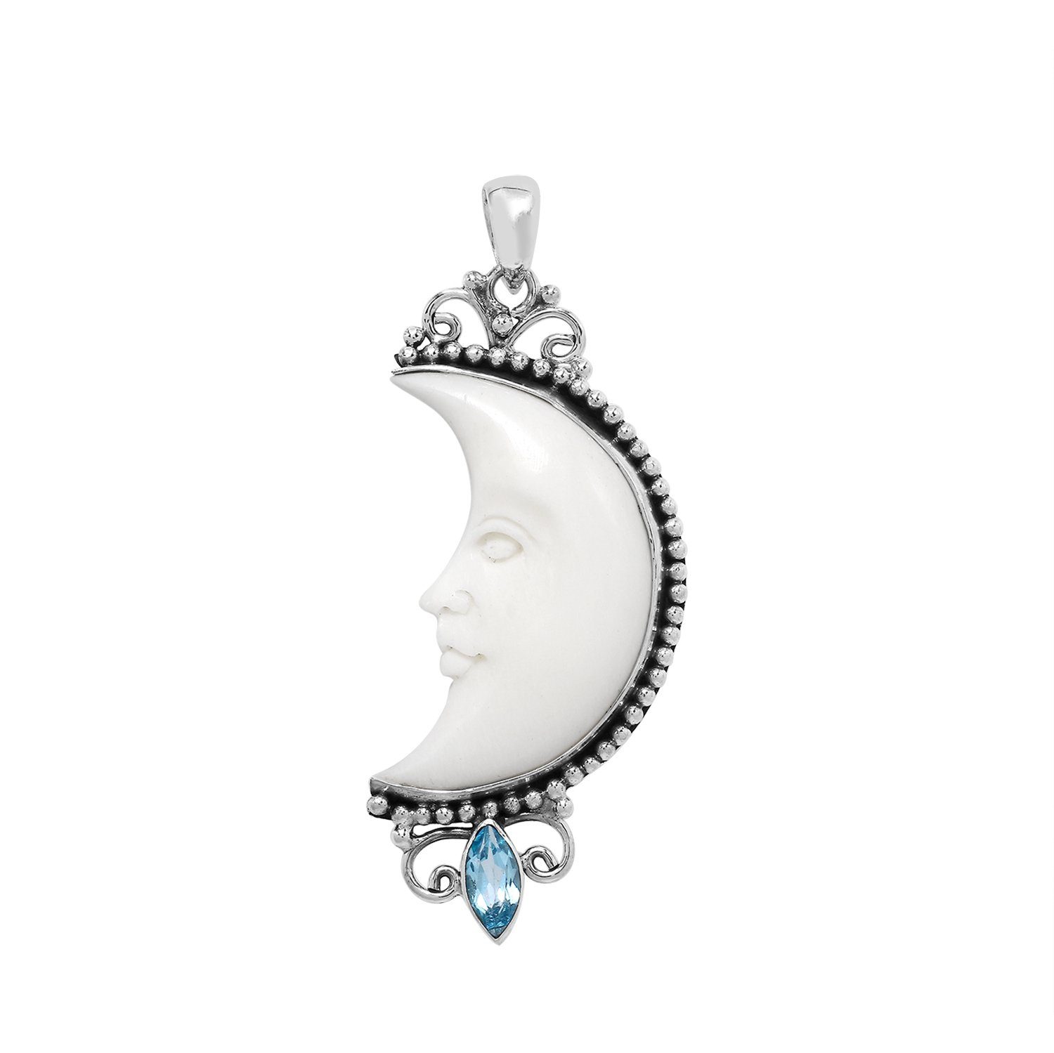 Crescent moon face pendant in sterling silver with carved bone and sparkling blue topaz accent, handmade in Bali.