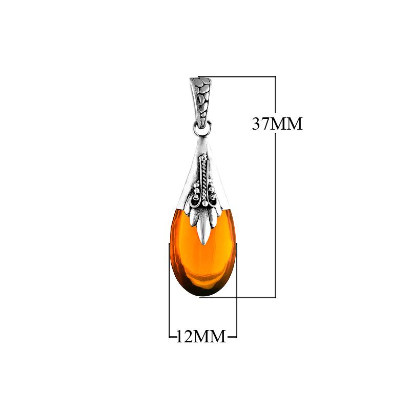 Handcrafted sterling silver pendant with teardrop Amber Quartz, Bali-inspired jewelry.
