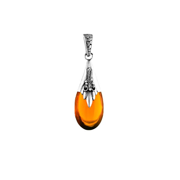 Handcrafted sterling silver pendant with teardrop Amber Quartz, Bali-inspired jewelry.