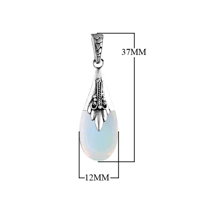 Sterling silver teardrop pendant with glowing opalite gemstone, Bali handcrafted jewelry.