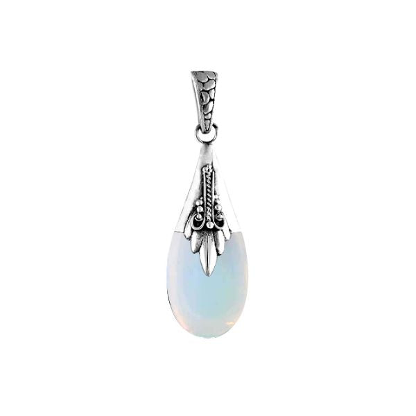 Sterling silver teardrop pendant with glowing opalite gemstone, Bali handcrafted jewelry.
