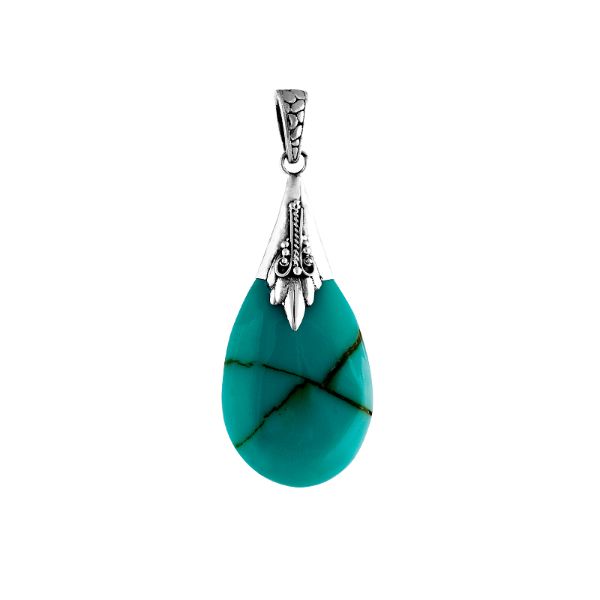 Sterling silver pendant with turquoise shell teardrop gemstone, handcrafted Bali-inspired necklace.