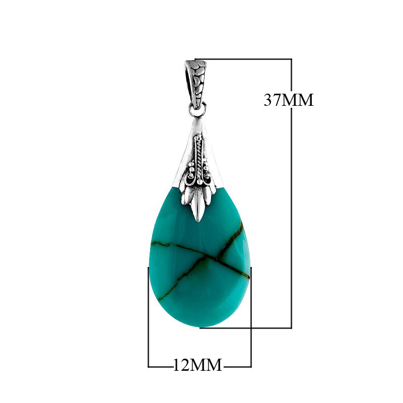 Sterling silver pendant with turquoise shell teardrop gemstone, handcrafted Bali-inspired necklace.