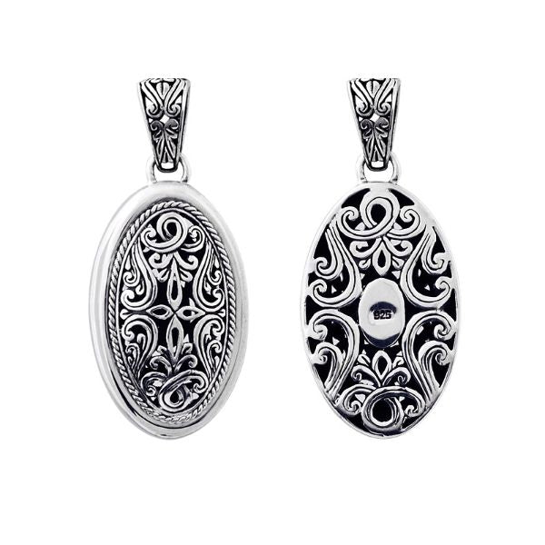 Handcrafted sterling silver oval pendant with Bali carving design, artisan necklace.