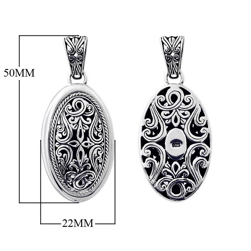 Handcrafted sterling silver oval pendant with Bali carving design, artisan necklace.