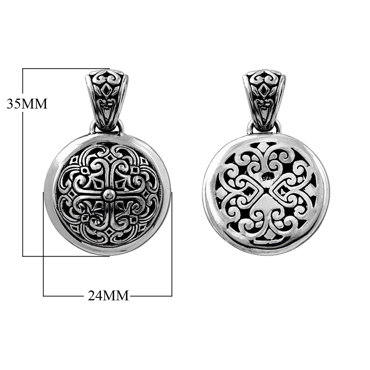 Handcrafted sterling silver round pendant with scrollwork design, Bali-inspired necklace.