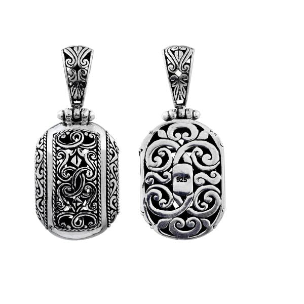 Handcrafted sterling silver fancy oval pendant with Bali scrollwork design, artisan necklace.