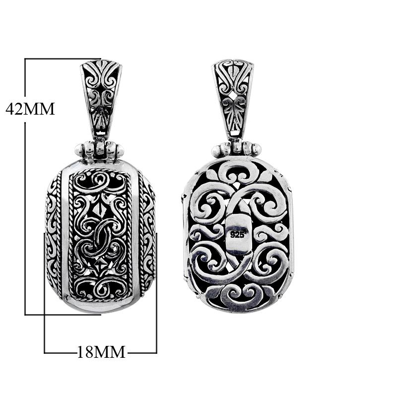 Handcrafted sterling silver fancy oval pendant with Bali scrollwork design, artisan necklace.